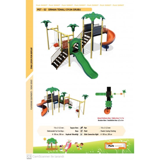 PET-02 ORMAN TEMALI ÇİFT KULELİ OYUN PARKI- SPİRAL VE DÜZ KAYDIRAKLI, SALINCAKLI