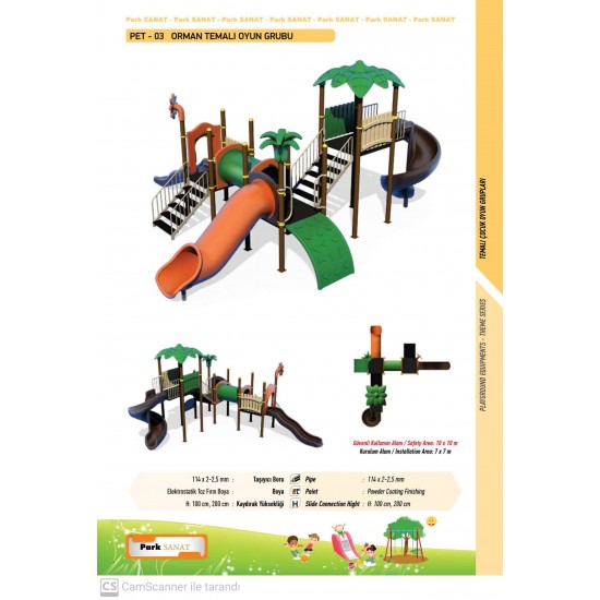 PET-03 ORMAN TEMALI ÇOCUK OYUN PARKI - 3 KAYDIRAKLI VE TÜP GEÇİTLİ KULELER
