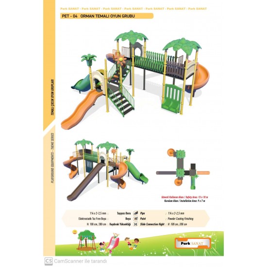 PET-04 ORMAN TEMALI ÇOCUK PARKI - 3 KULELİ, 5 KAYDIRAKLI VE KABURGA KÖPRÜLÜ