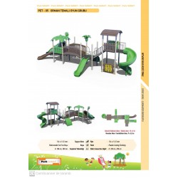 PET-05 TROPİKAL TEMALI OYUN PARKI - 4 KAYDIRAKLI, XOX PANOLU VE EĞİK KÖPRÜLÜ