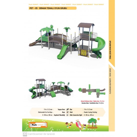 PET-05 TROPİKAL TEMALI OYUN PARKI - 4 KAYDIRAKLI, XOX PANOLU VE EĞİK KÖPRÜLÜ