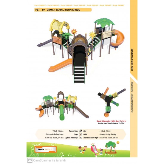 PET-07 TEMALI ÇOCUK OYUN PARKI - ALTIGEN KULELİ, 4 KAYDIRAKLI VE XOX PANOLU